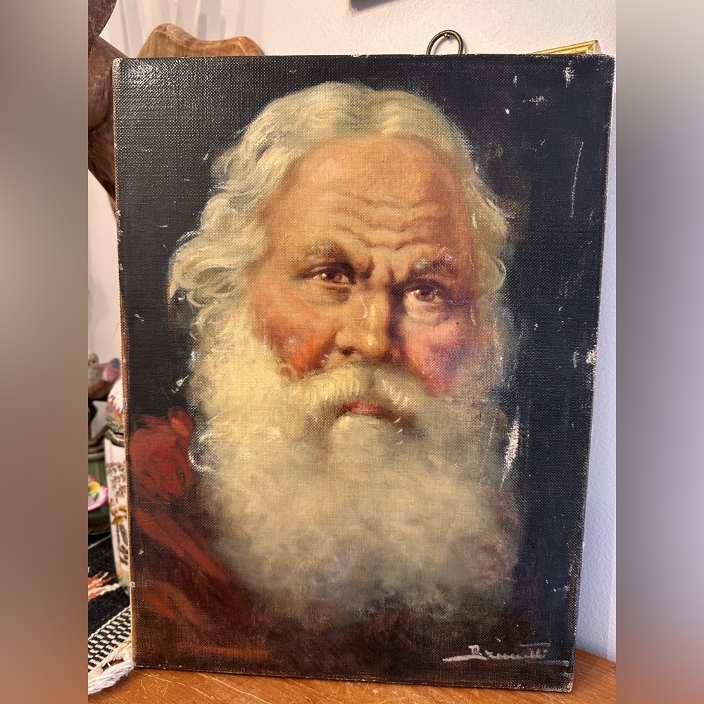 Vintage Original Signed Oil Painting of Santa Christmas Holiday by Brunetti